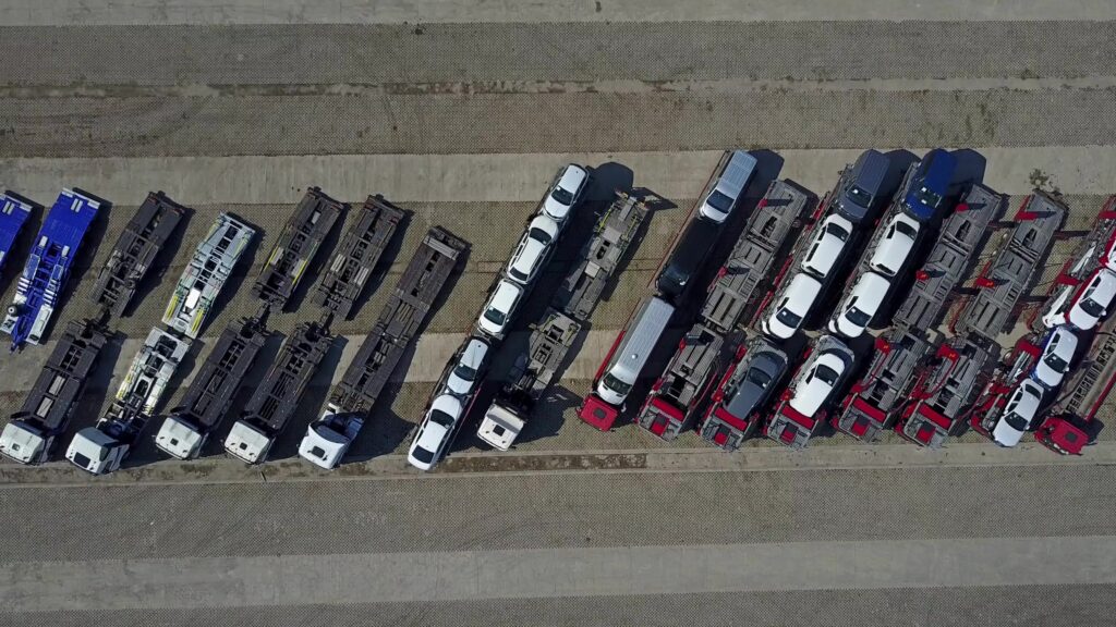 line of semi trucks
